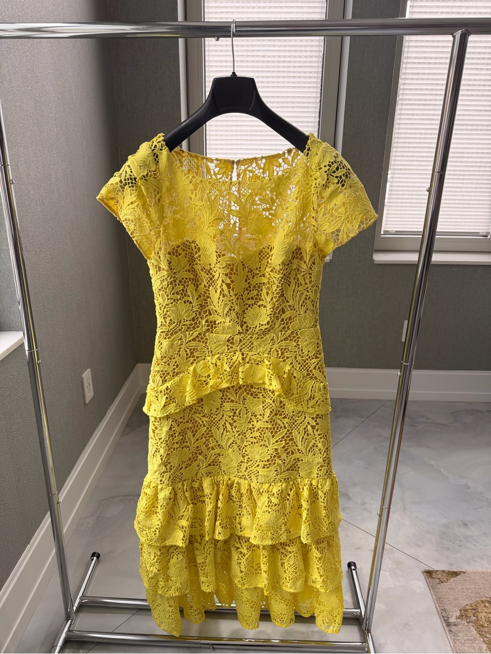 Marchesa Notte Bright Yellow Lace Ruffle Midi Dress